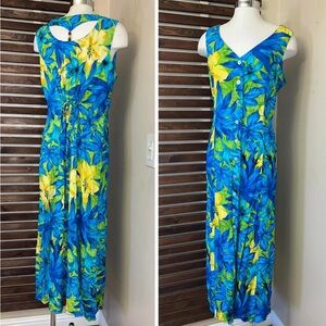 Vintage 1990s Blue Green Orange Yellow Sleeveless Hawaiian Tie Waist Maxi Dress